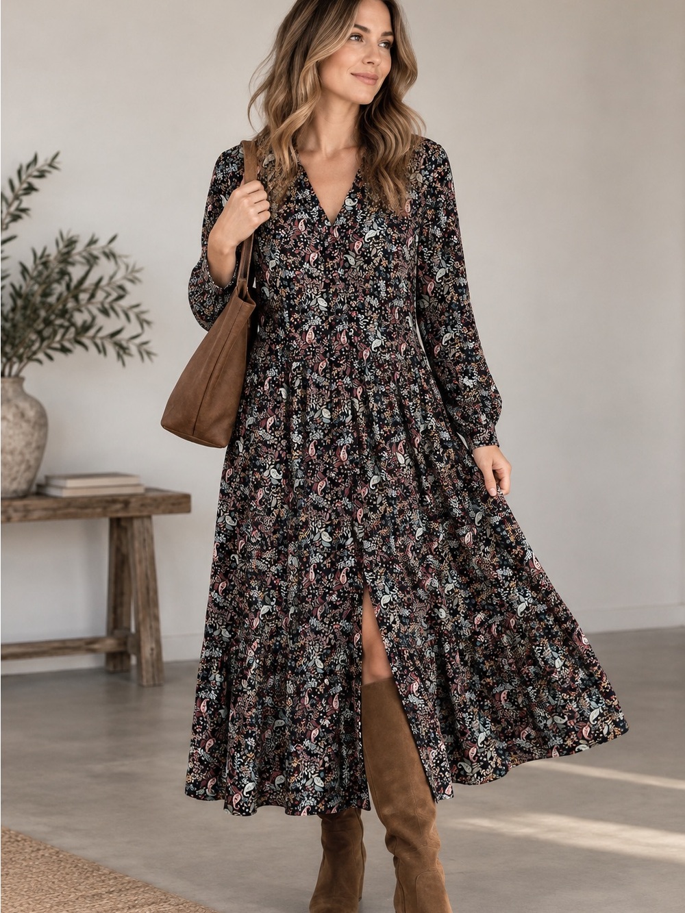 J.Jill Paisley Floral Tiered Relaxed Fit Button Front Long Sleeve Maxi Dress